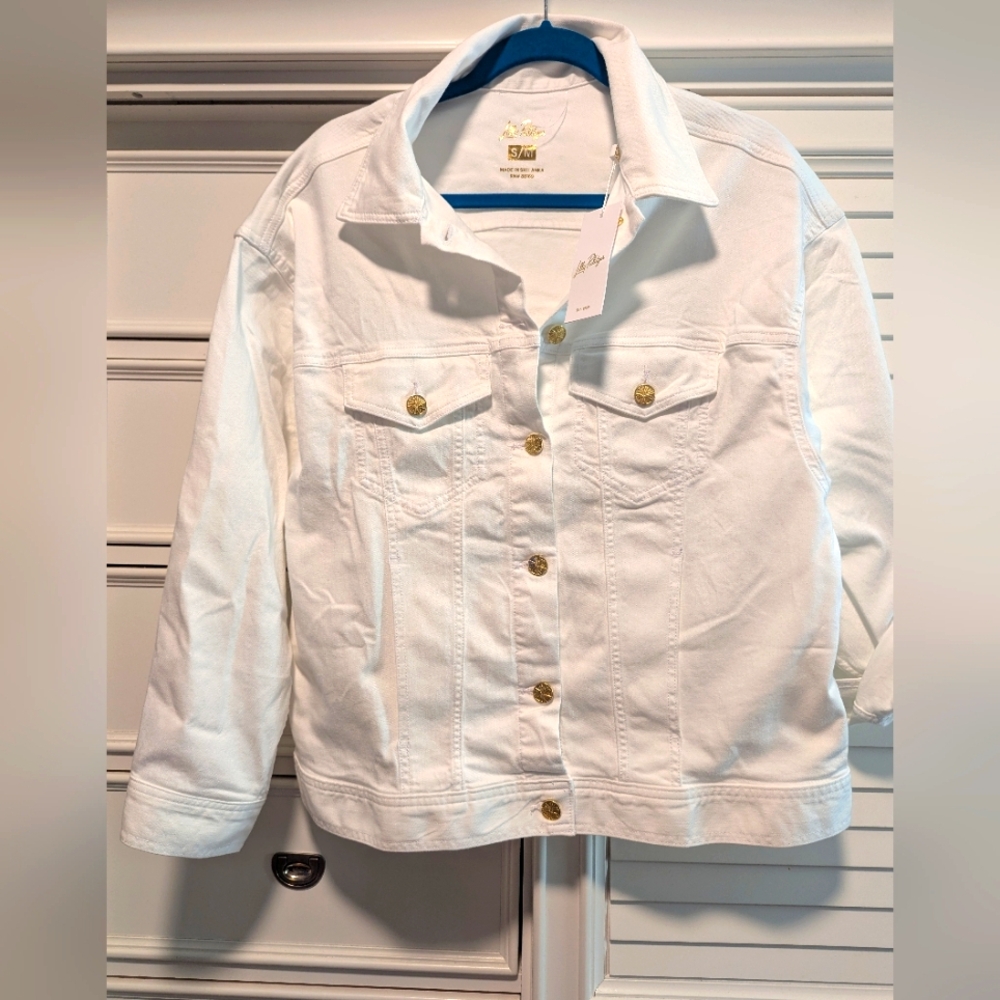 NWT Lilly Pulitzer Resort White Brixley Denim Jacket S/M Gold Buttons